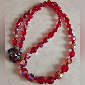 Signed Sherman Siam Red Aurora Crystal Bead Necklace